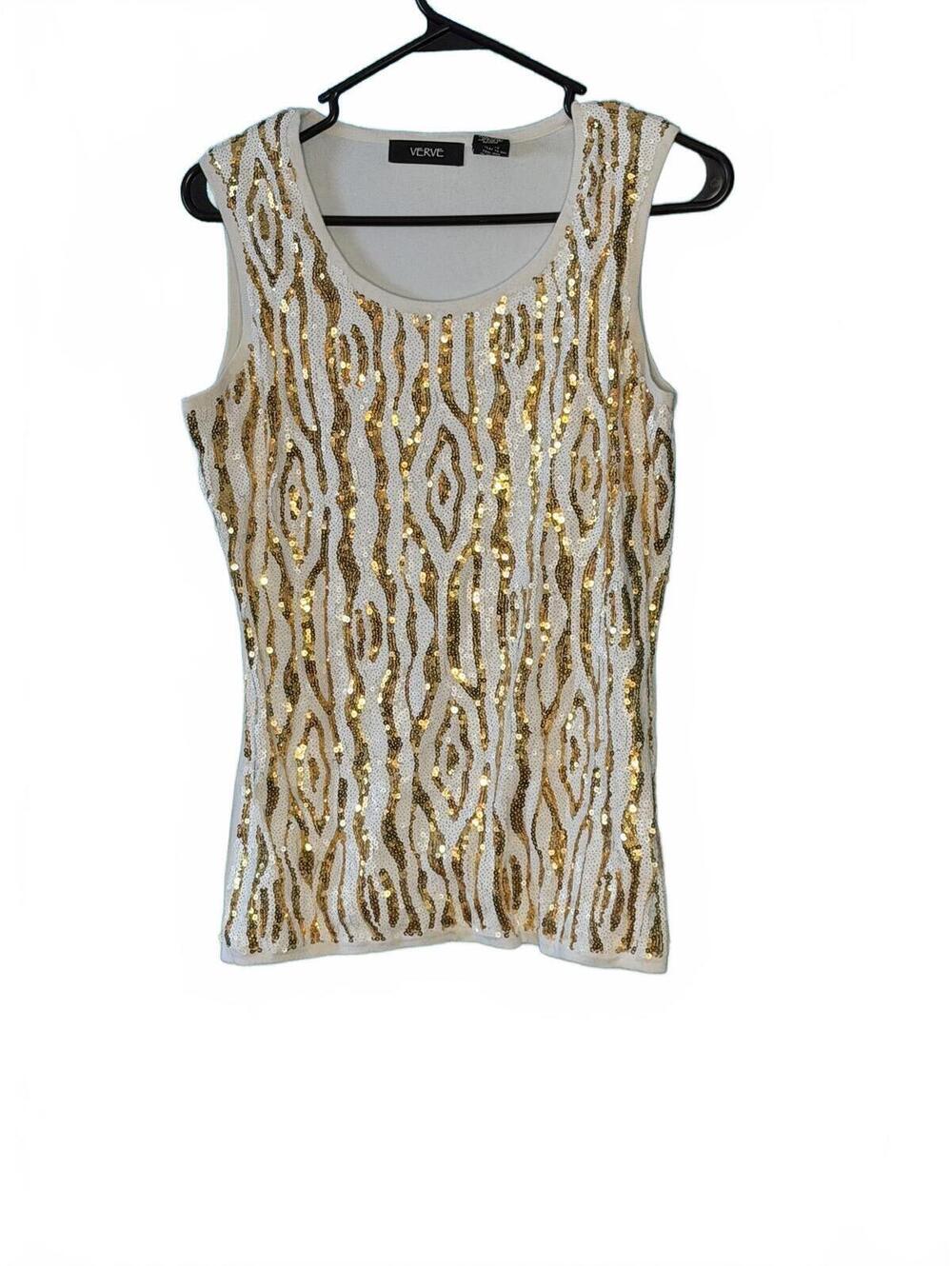 Verve Sleeveless Sequin Embellished Top - White and Gold, M